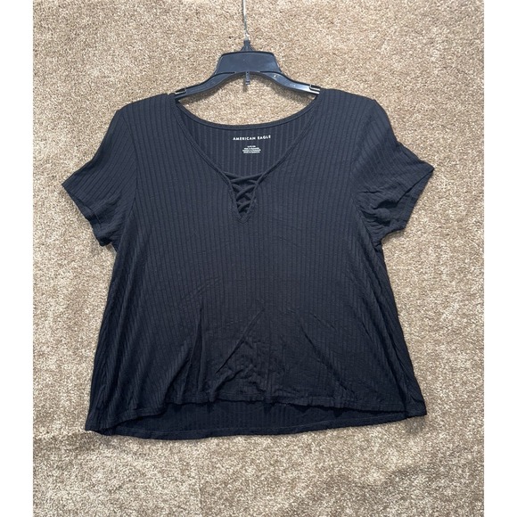 American Eagle Outfitters Tops - American Eagle Size Small Black V-Neck Short Sleeve Ribbed Knit Shirt